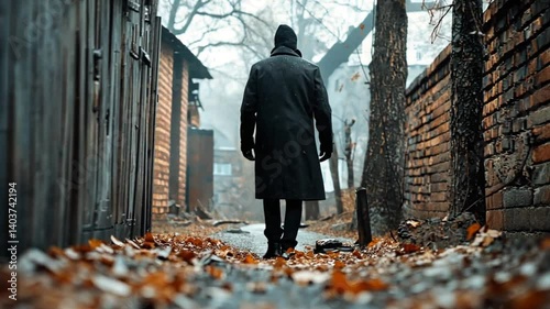 A solitary figure walks through a misty alley lined with old wooden buildings and fallen leaves