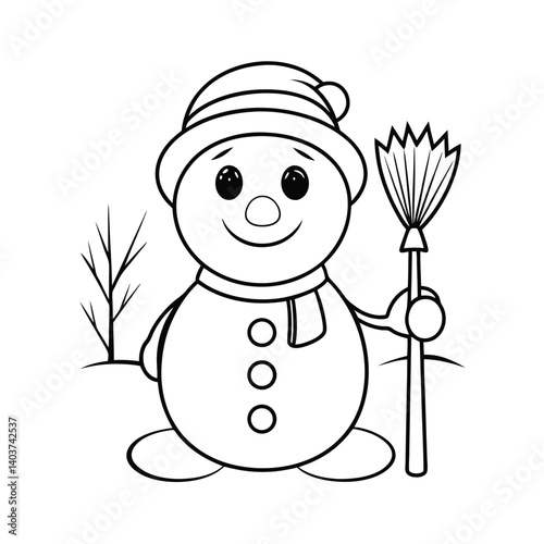 cute snowman holding a broom  add grass and a tree (2).eps