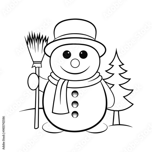 cute snowman holding a broom  add grass and a tree.eps