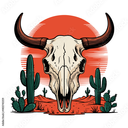 Retro color Buffalo skull with sunset, cow head bone with horns vector illustration