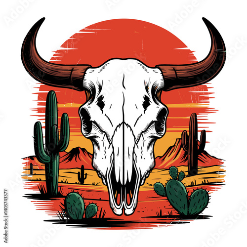 Retro color Buffalo skull with sunset, cow head bone with horns vector illustration