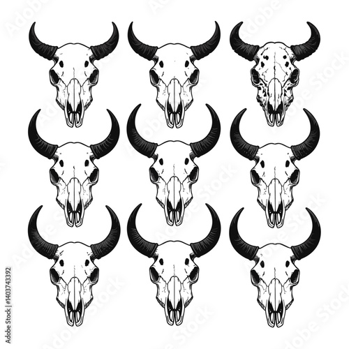 Buffalo skull, cow head bone with horns set vector illustration.