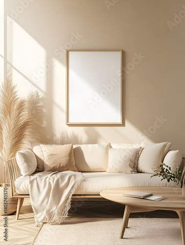 modern interior design mockup background with a blank poster frame, sofa and coffee table in light beige tones, minimalist style, natural lighting, high resolution photography