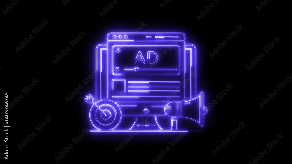 Glowing neon ad-campaign icon 4k isolated on black background. HD Video motion graphic animation Glowing neon ad-campaign icon 4k isolated on black background. HD Video motion graphic animation