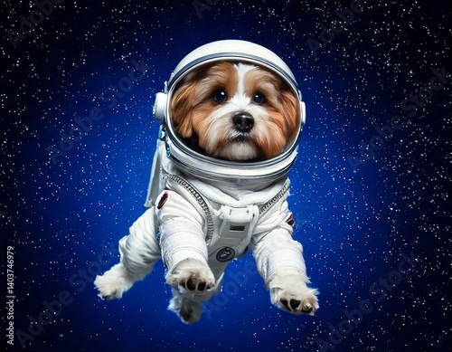 Small dog wearing full astronaut suit, floating effect, deep dark blue or galaxy inspired background