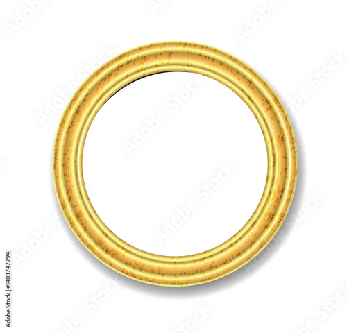 Round gold photo frame. Realistic 3D vector illustration on a white background.
