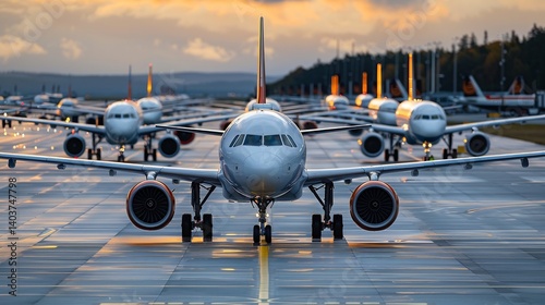 A fleet of ultra modern low cost carriers at an airport gate