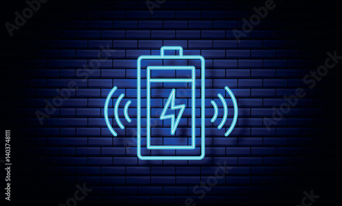 Neon battery icon. Blue color battery sign.
