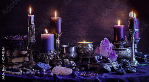 Candlelit Grimoire with Amethyst Stones on Dark Background  