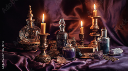 Occult Ritual Scene with Candles and Glass Bottles on Purple Cloth  
