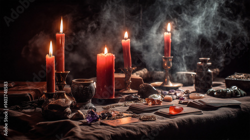 Occult ritual scene with candles and mystical objects on a table  
