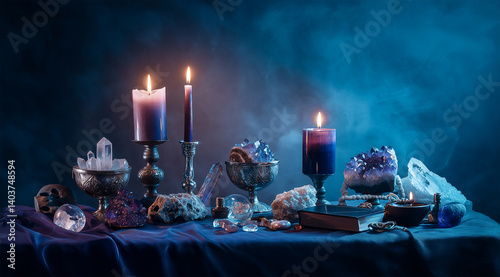 Mystical altar with candles and crystals against a dark blue background  