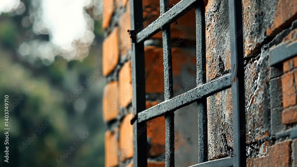 Close-up view of a rustic brick wall with a metal window grille surrounded by greenery Close-up view of a rustic brick wall with a metal window grille surrounded by greenery