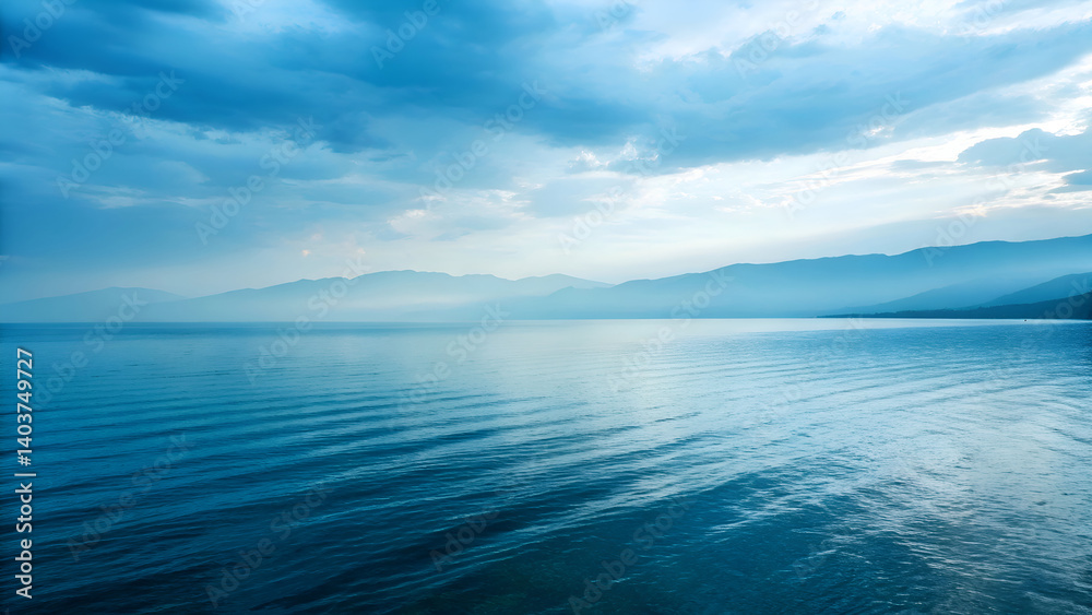 Obraz premium Serene Blue Landscape Water Ripples Hazy Mountains and Dramatic Sky.