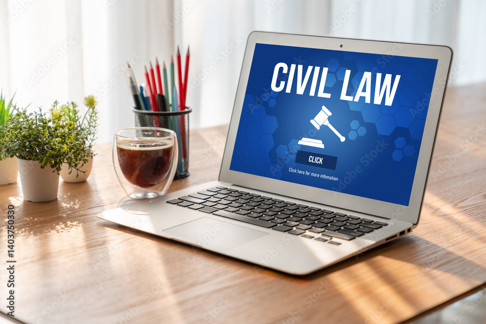 Fototapeta premium Civil law brisk information showing on computer screen for Common Justice Legal Regulation Rights Concept