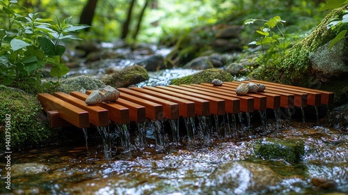 Serene Wooden Water Feature in Lush Forest