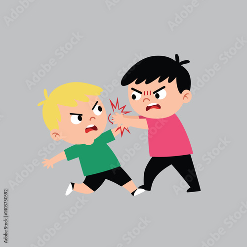 Two children fighting in a playful manner with flat design style vector illustration