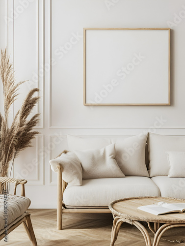 modern interior design mockup background with a blank poster frame, sofa and coffee table in light beige tones, minimalist style, natural lighting, high resolution photography
