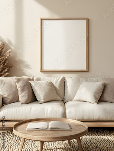 modern interior design mockup background with a blank poster frame, sofa and coffee table in light beige tones, minimalist style, natural lighting, high resolution photography