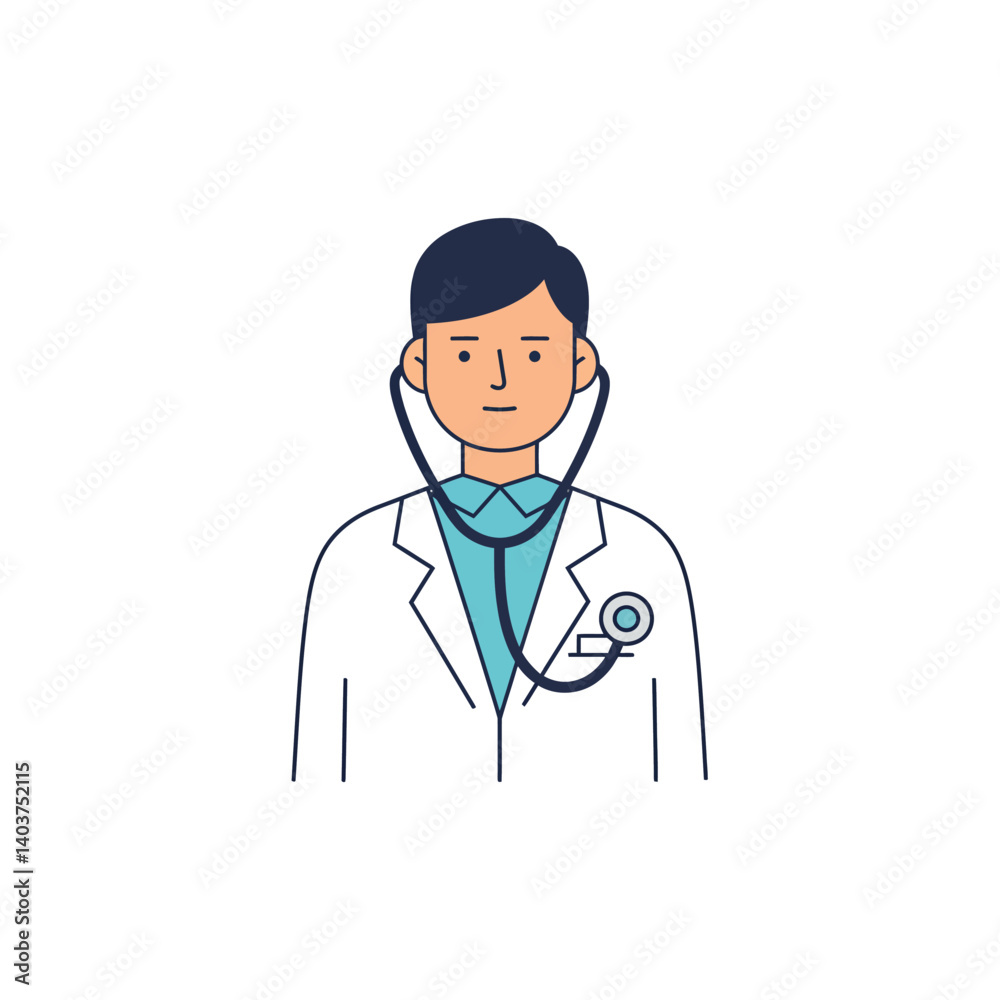 Doctor character in flat design style with stethoscope and friendly expression vector illustration Doctor character in flat design style with stethoscope and friendly expression vector illustration