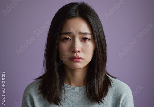 melancholic asian woman with teary eyes wearing light gray sweater on soft pastel background. generative ai