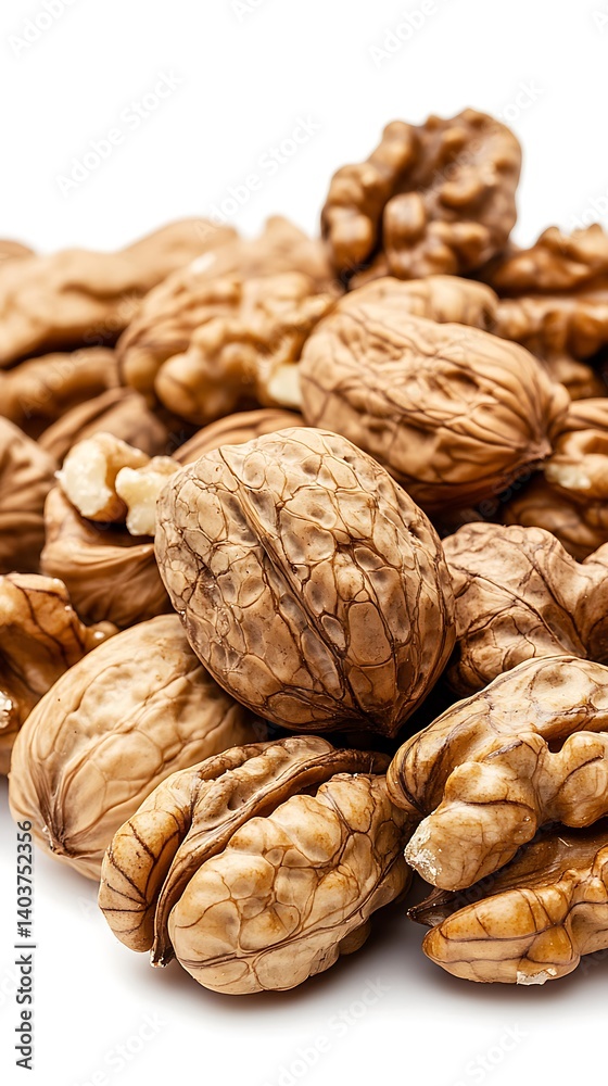 Macro Pile of Brown Walnuts with Shells Isolated on White Background Texture Macro Pile of Brown Walnuts with Shells Isolated on White Background Texture