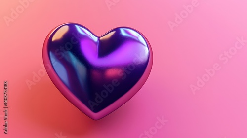 A 3D-rendered electric purple heart with a sleek metallic finish and realistic shadow, floating on a bright hot pink background for a futuristic vibe.