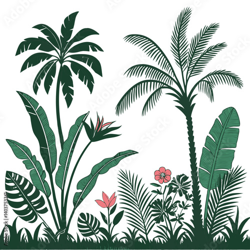 Tropical vintage botanical palm trees, banana tree, green plants floral seamless border white background. vector