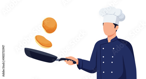 Chef flipping pancakes with a frying pan in flat vector art style