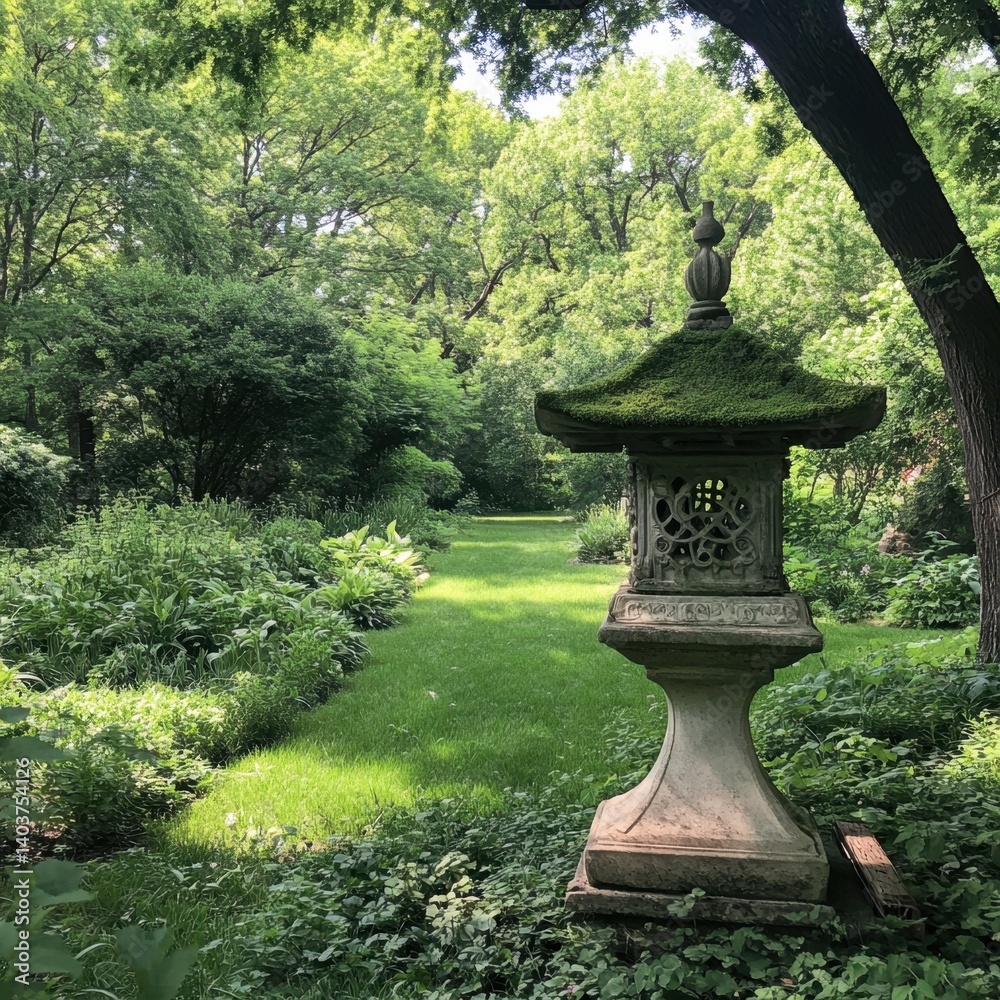 Serene garden vista featuring a moss covered stone lantern amidst lush greenery and dappled sunlight creating a tranquil and inviting atmosphere Serene garden vista featuring a moss covered stone lantern amidst lush greenery and dappled sunlight creating a tranquil and inviting atmosphere