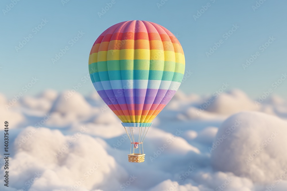 Naklejka premium Rainbow Striped Hot Air Balloon Floating Above Dreamy White Clouds under Blue Sky