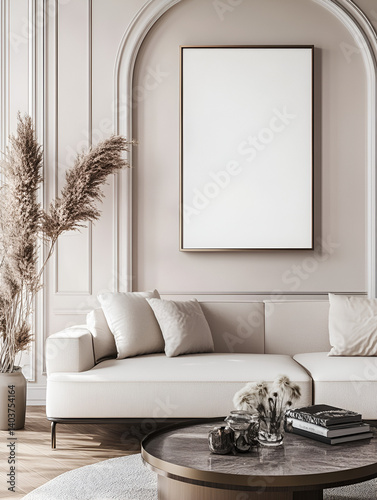 modern interior design mockup background with a blank poster frame, sofa and coffee table in light beige tones, minimalist style, natural lighting, high resolution photography