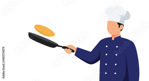 Chef flipping pancake in a frying pan with flat design vector art