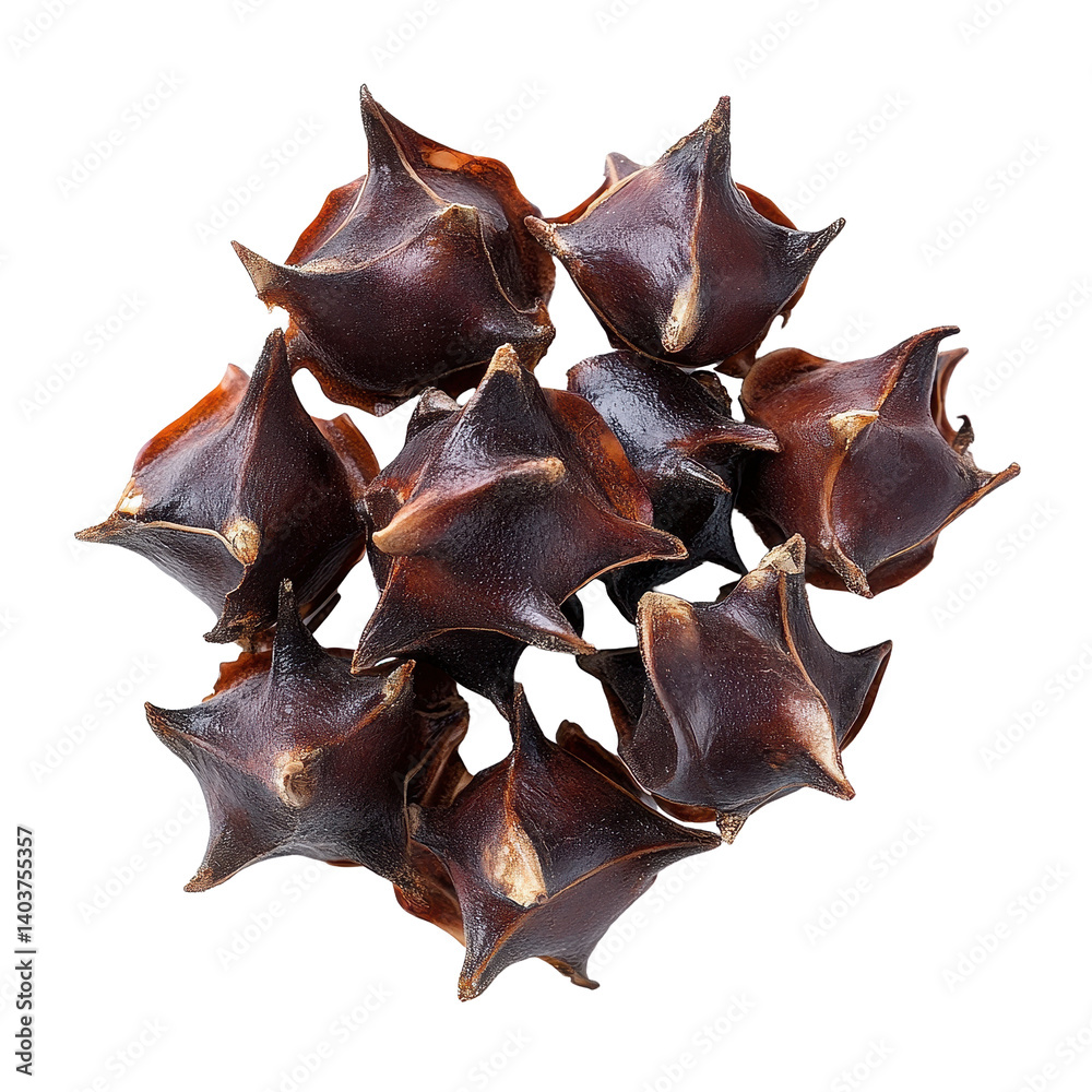 Fototapeta premium Water chestnut bulbs display showing their unique horned shape and rich brown color, Water caltrop or horn chestnut or water chestnut isolated on Transparent background