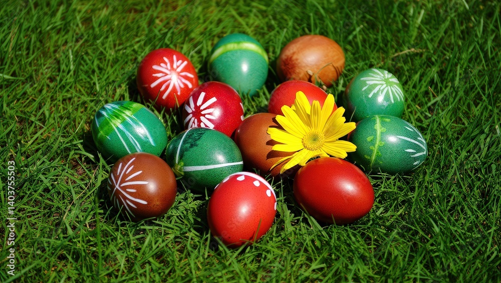 A collection of colorful Easter eggs in various patterns and colors, sitting on grass. A collection of colorful Easter eggs in various patterns and colors, sitting on grass.