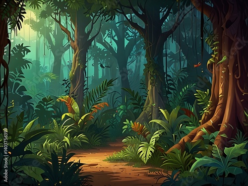 beautiful cartoon jungle Landscape Scenery background illustration