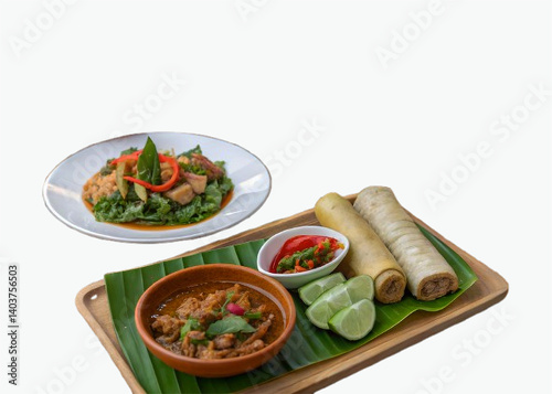 Wallpaper Mural Asian Cuisine Platter Spring Rolls, Rice, and Fresh Vegetables Torontodigital.ca