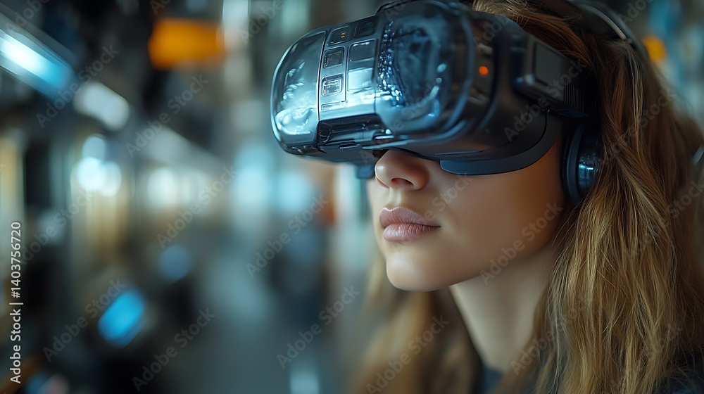 Woman using VR headset in urban setting. Woman using VR headset in urban setting.
