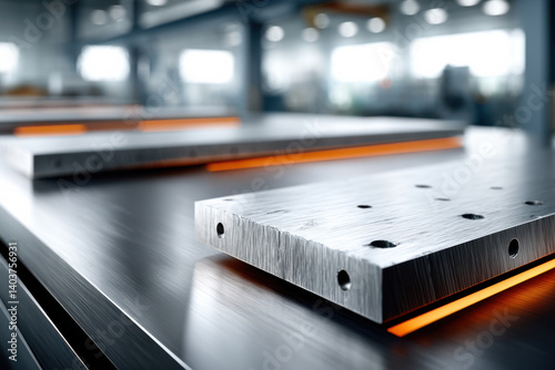 Metalworking process showing precision cut plates glowing on a workshop table during daylight hours