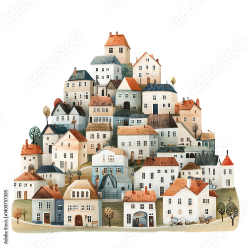 Charming small town with colorful houses nestled on a scenic hill against a Transparent background, small town with many houses on a hill, PNG background
