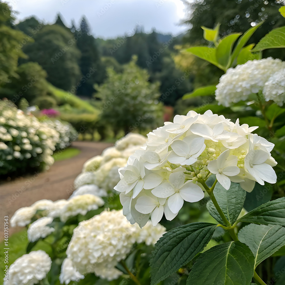Stunning White Hydrangeas in a Lush Green Garden Stunning White Hydrangeas in a Lush Green Garden