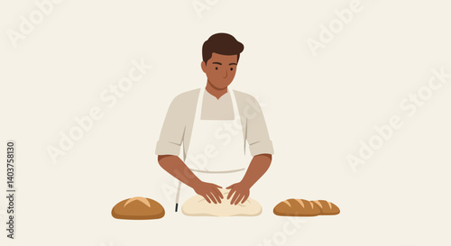 Baker preparing dough with skillful technique in flat vector art