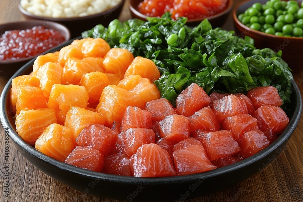 Raw Salmon Cubes with Spinach and Peas in a Bowl Raw Salmon Cubes with Spinach and Peas in a Bowl