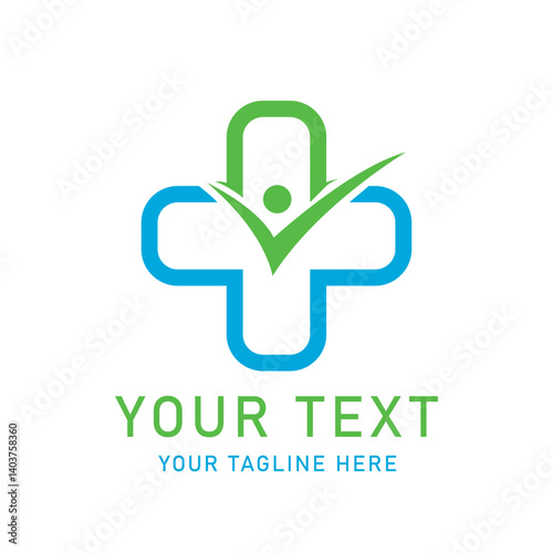 Medical Cross Check Vector Logo: Green Tick Person Inside Blue Plus Symbol for Health, Pharmacy, Wellness, Clinic, Hospital, Medicine, Care, Checkmark