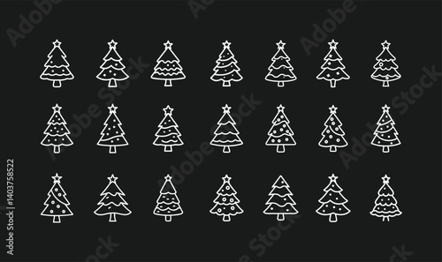 Merry Christmas Colorful Outline tree icon set on Dark background vector illustration flat design, Christmas tree silhouette vector illustration