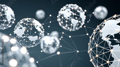Global Connectivity: Abstract spheres represent a connected world, illustrating communication, networking, and digital interconnectedness, reflecting the modern era's advanced technological landscape.