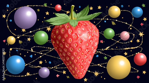 Cosmic Strawberry: A luscious strawberry amidst a vibrant galaxy of stars and floating spheres, celebrating the beauty of nature with a touch of fantasy and whimsy.