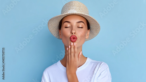 Summer Kiss: A youthful and carefree woman in a stylish straw hat, exudes a playful charm with a sweet pouty lip expression against a light blue background.