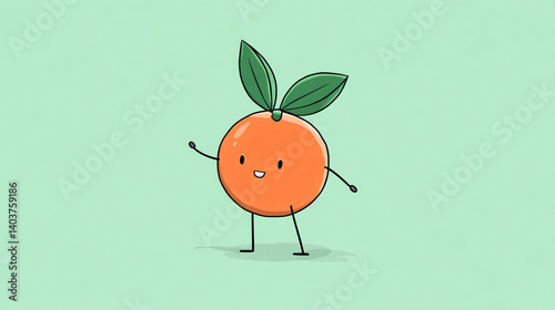 Playful Orange: A lively and cheerful orange fruit character with a cute facial expression and inviting gesture, radiates happiness and wholesome goodness.