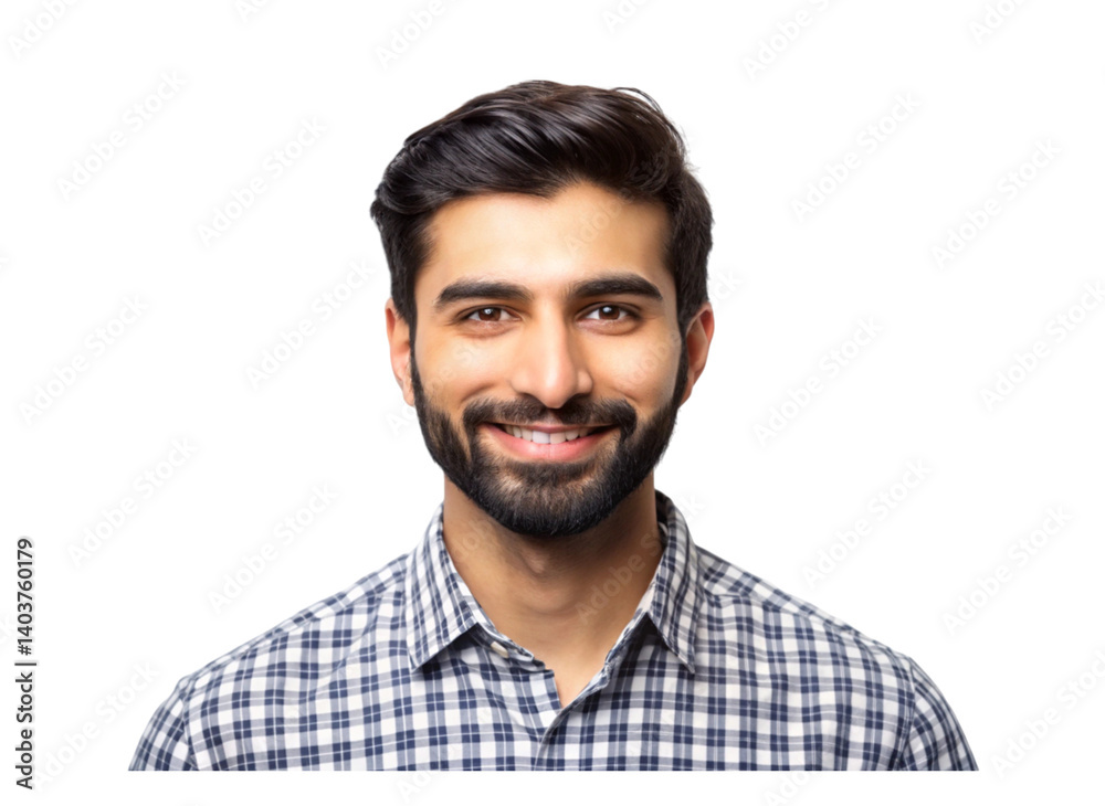 Fototapeta premium cheerful young man with a beard and a friendly smile, wearing a checked shirt, set against a neutral Transparent Background